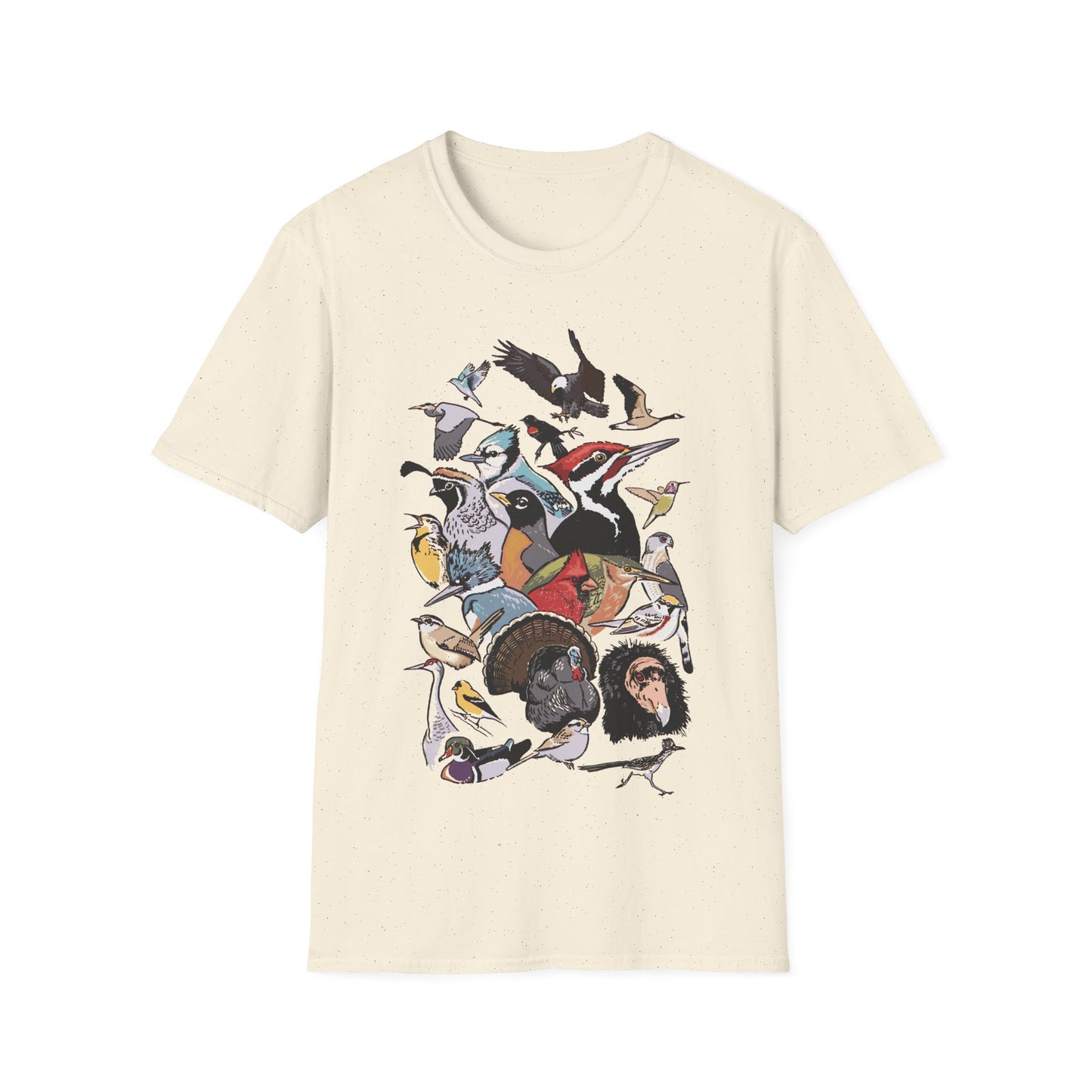 Beige t-shirt with colorful bird illustrations, showing 24 North American species