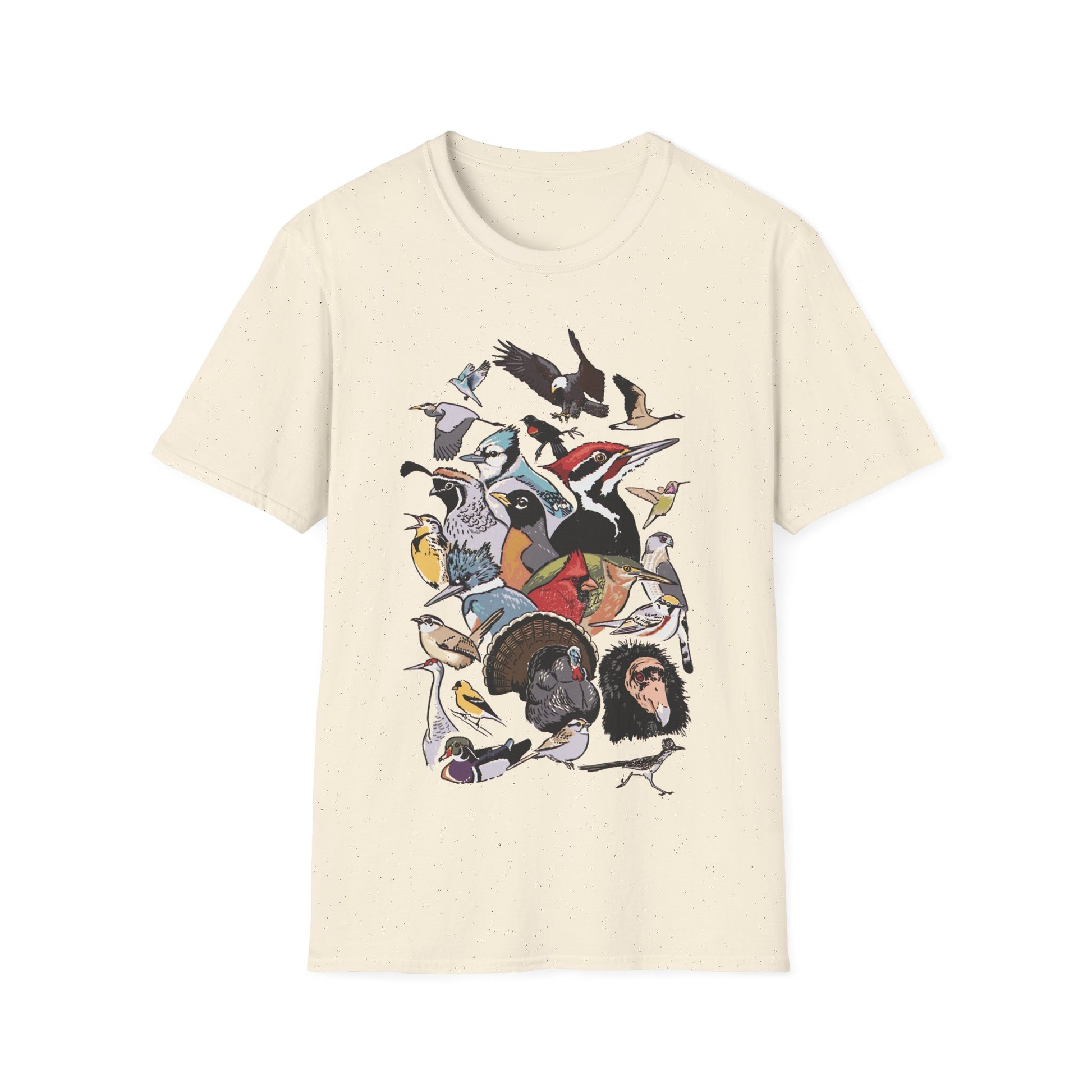 Beige t-shirt with colorful bird illustrations, showing 24 North American species