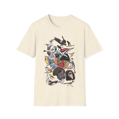 Beige t-shirt with colorful bird illustrations, showing 24 North American species